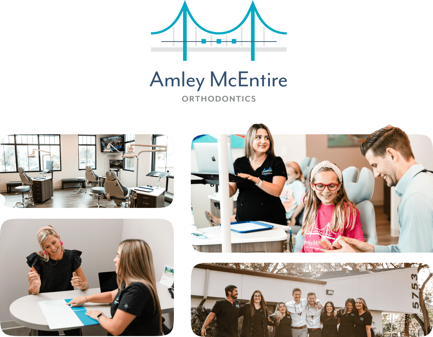 Happy Smiles: Why Patients Love Amley McEntire Orthodontics. Amley McEntire Orthodontics collage with logo and happy patient with doctors